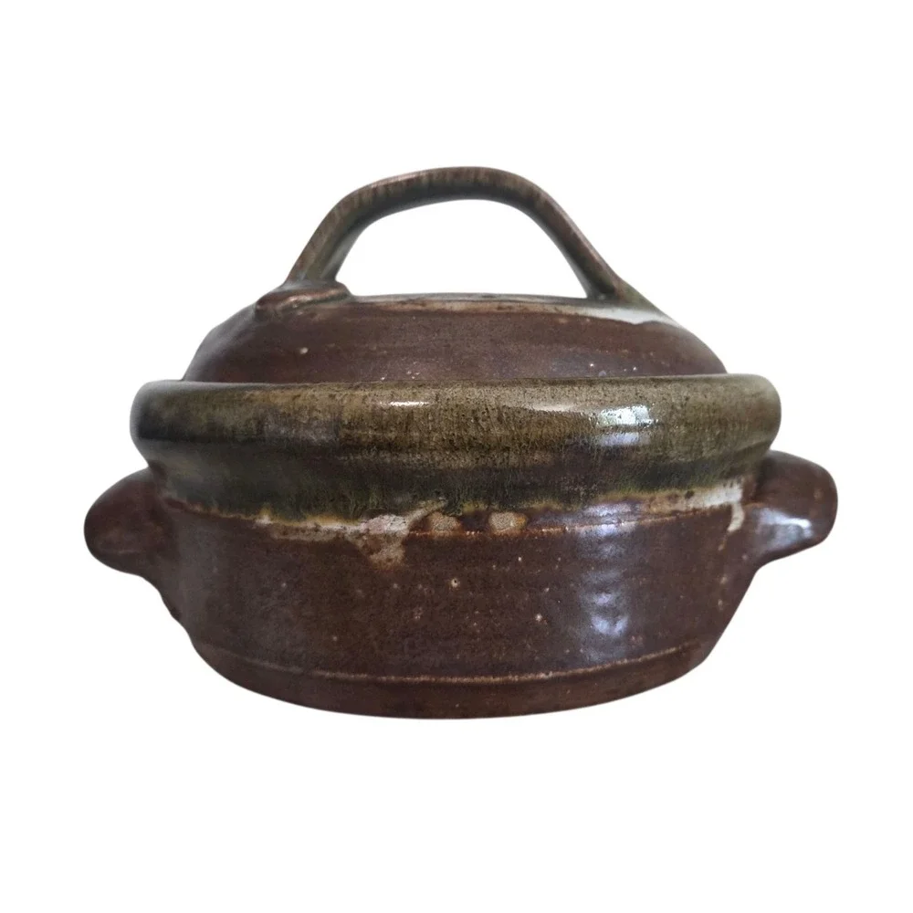 Vintage‎ Small Glazed Stoneware Art Pottery Bowl Covered Dish w/Lid Bizen Ware ?